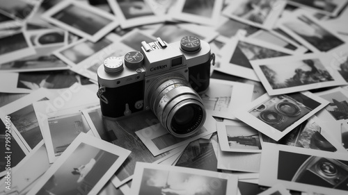 Vintage camera on scattered monochrome photographs, capturing moments, photography nostalgia. photo