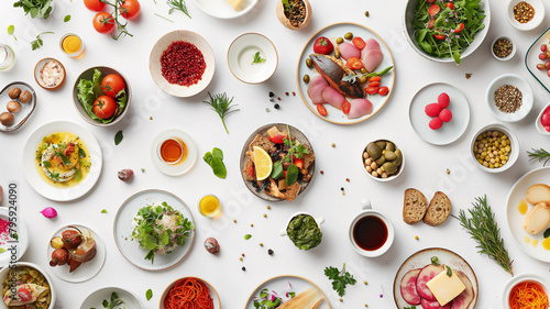 Flat lay of diverse gourmet dishes and ingredients, a feast for the eyes.