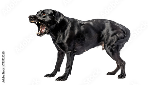  an angry black Labrador dog barking, isolated on white background