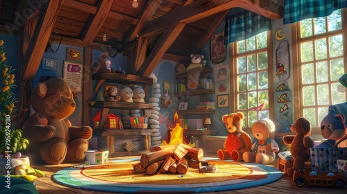 Inside a cozy, illustrated childrens room, stuffed animals come to life, sharing stories and laughter around a miniature campfire made of crayondrawn logs photo