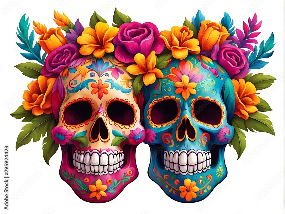  Painted colourful Cinco de Mayo skulls in a vibrant Mexican style with a bouquet of traditional flower designs. 