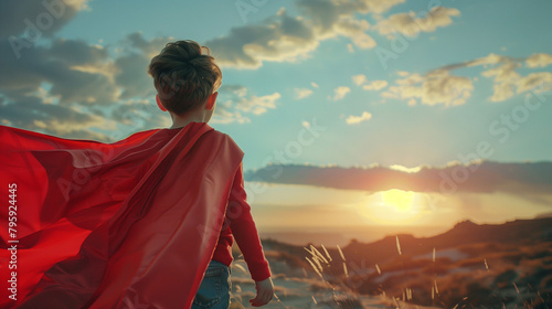 ヒーローの赤いマントをつけている少年の後ろ姿、ヒーローごっこ、夕日の草原、コピースペース有 photo