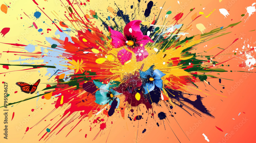 A colorful explosion of paint with flowers and a butterfly