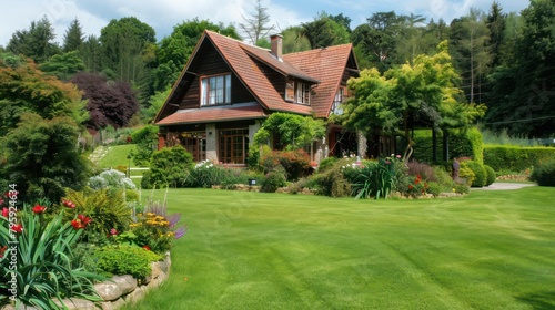 a house with a beautiful and spacious garden and clear skies © jongaNU