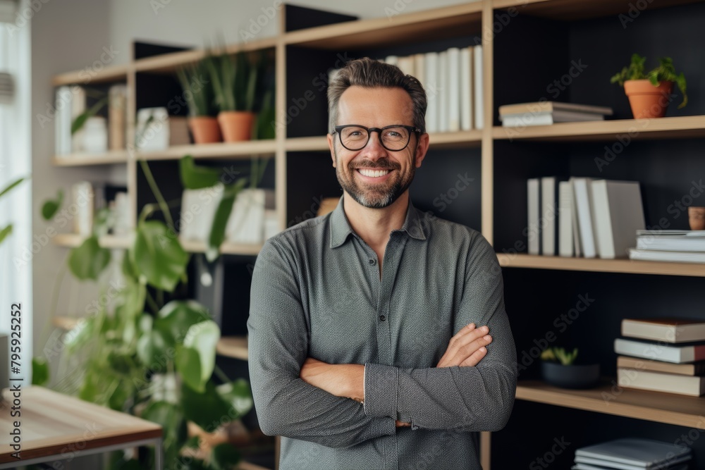 A Professional Entrepreneur Smiling Confidently While Standing in a Modern Home Office Decorated with Plants and Bookshelves A Professional Entrepreneur Smiling Confidently While Standing in a Modern Home Office Decorated with Plants and Bookshelves