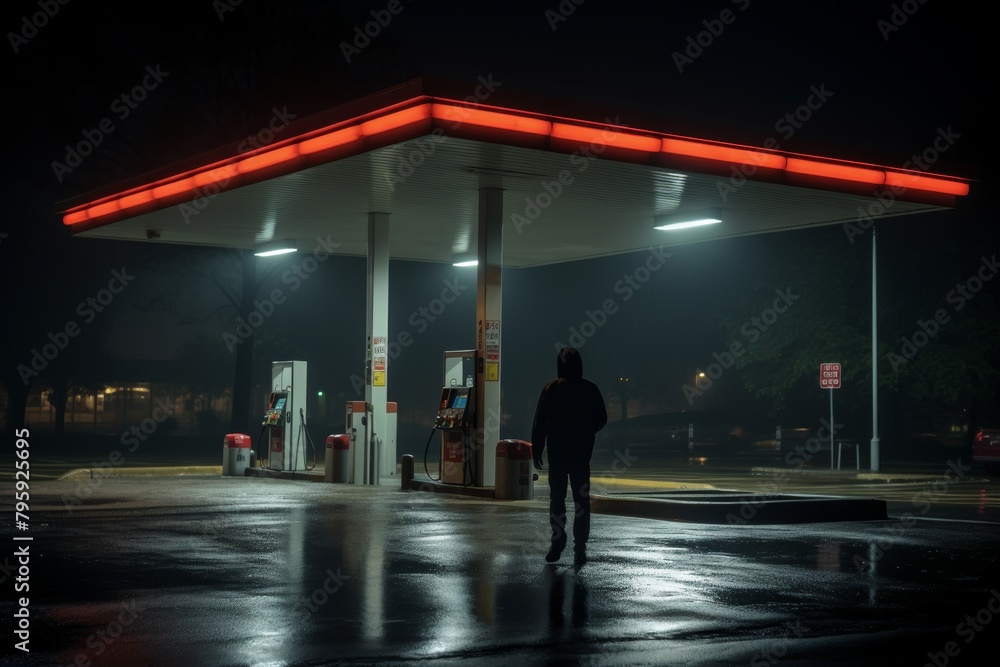 A Solitary Figure Stands Bathed in the Neon Glow of a Gas Station Convenience Store on a Quiet Midnight Drive