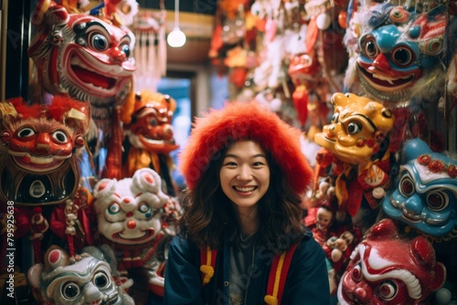 A Vibrant Portrait of a Smiling Individual Standing Proudly Before a Colorful Costume Shop Adorned with Festive Attire and Playful Masks
