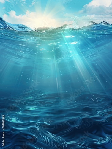 ocean blue underwater waves with sun beam clear view realistic, world oceans day banner vertical with copy space - generative ai