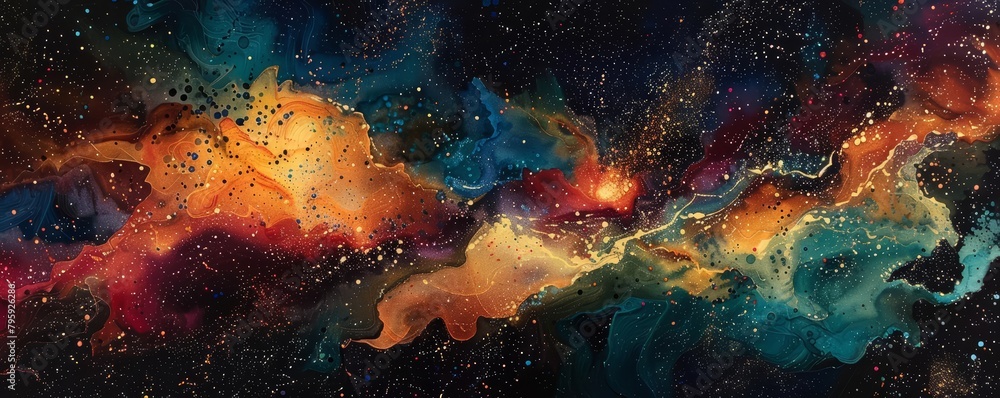 Stars scatter across the cosmos like splashes of watercolor on a celestial canvas, bright water color Stars scatter across the cosmos like splashes of watercolor on a celestial canvas, bright water color