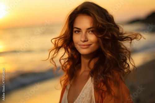 A Serene Portrait of a Young Woman Embracing the Gentle Sea Breeze, with the Golden Sunset Casting a Warm Glow Over the Tranquil Beachscape