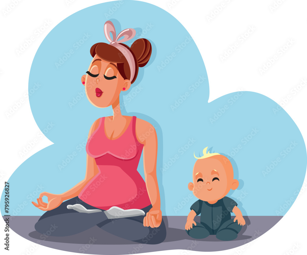 Happy Mom Sitting Next to her Calm Baby Vector Cartoon Illustration. Mother and little infant getting along perfectly in harmony
