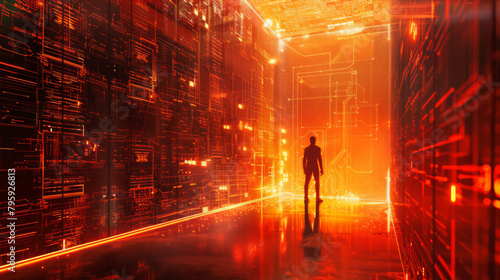 A man stands in a long, narrow room with orange walls and neon lights
