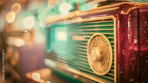 Defocused vintage radios tered and fading into the background evoke a sense of nostalgia for the golden age of radio waves and simpler times. . photo