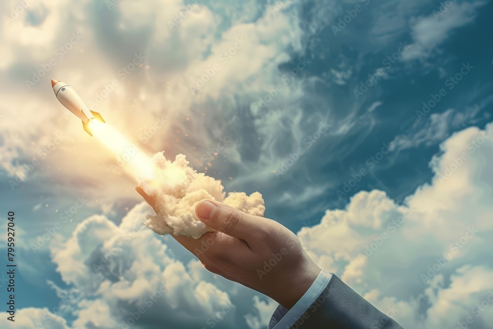 The image of a rocket launching into the sky from a businessmans hand ...