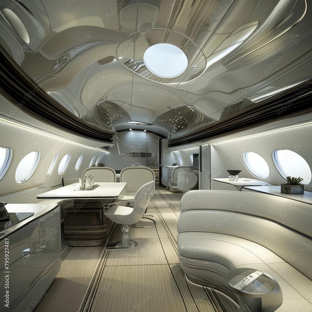 Obraz premium The sleek interior of a private jet shows off elegant design and highend technology, perfectly suited for a successful businessman