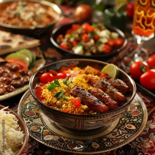 Traditional middle eastern feast setting - A feast of middle eastern cuisine, with kebabs and various accompaniments, oozing richness and flavor