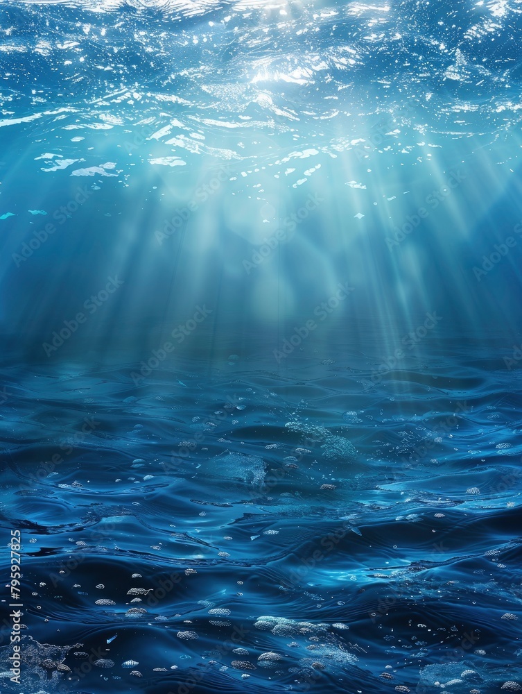 ocean blue underwater waves with sun beam clear view realistic, world oceans day banner vertical with copy space - generative ai