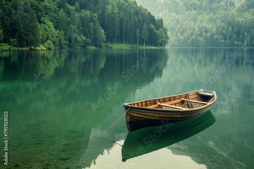 Green boat on calm lake water surrounded by forest