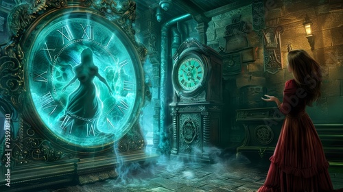 Time seems to stretch and warp as the woman stands in front of the clock  a spectral figure hovering behind her  whispering secrets of the future