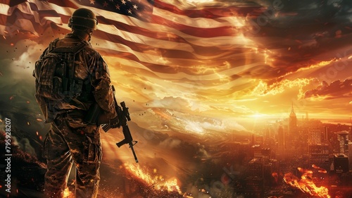 Dramatic military scene with American flag - A soldier stands before a burning cityscape with an American flag, evoking drama and conflict