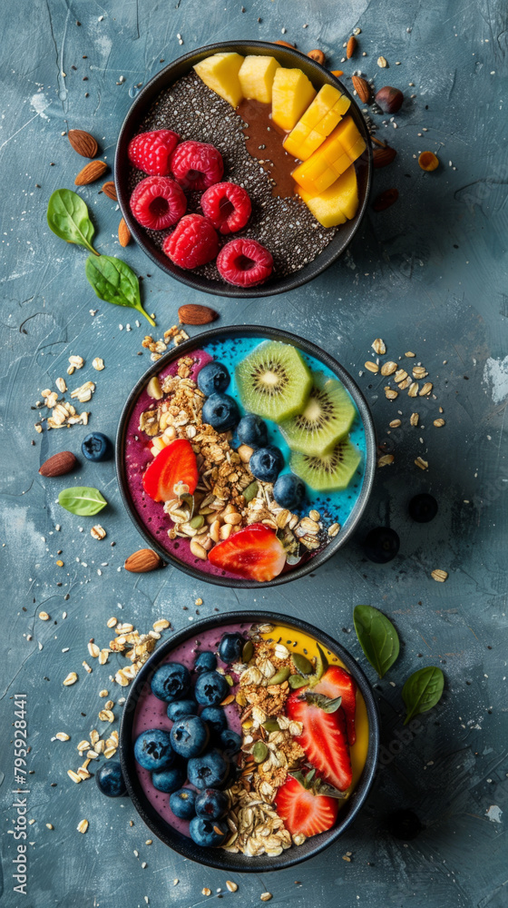 Assorted fruits with granola on acai bowls - A variety of fresh fruits and granola served on vibrant acai bowls for a healthy, colorful breakfast or snack