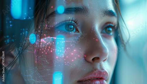 Portrait of a beautiful young woman with glowing blue and pink lights on her face