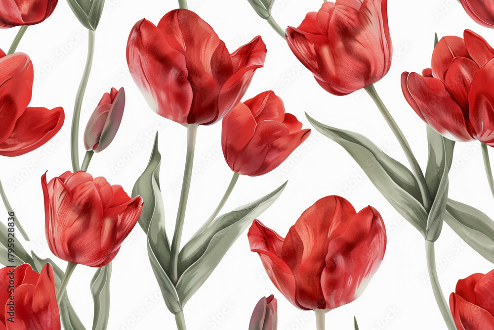 Fototapeta premium Red Tulip seamless on white background.