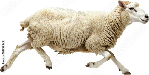 Running white sheep with thick wool photo