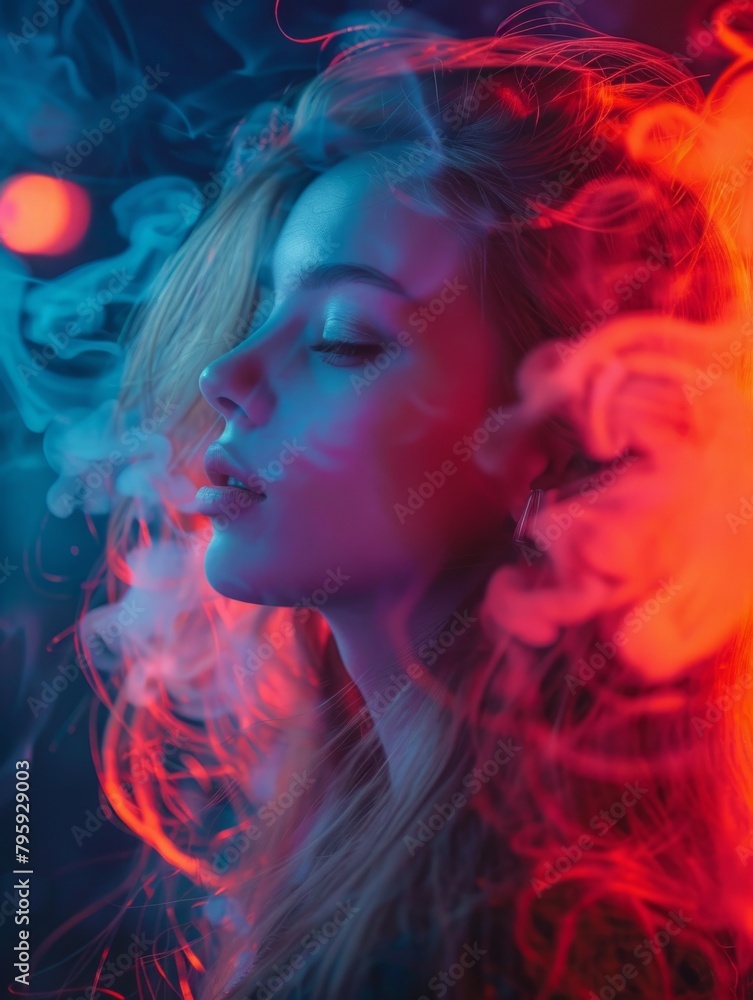 Colorful smoke swirling around a blurred face - An artistic image capturing vibrant colored smoke swirling in the air around a centrally placed, intentionally blurred face area