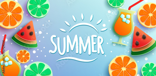 A summer background design in paper cut style featuring a glass of orange juice with a straw, a slice of watermelon, and three limes on a bright blue background. Vector Illustration.