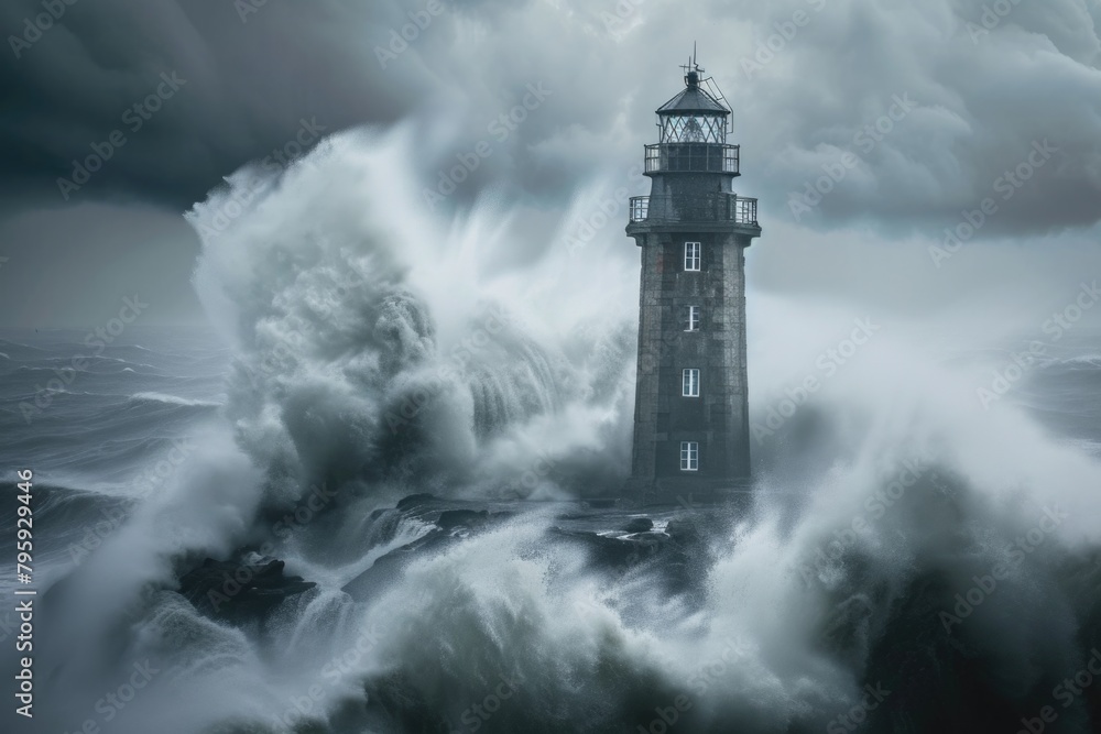 A powerful wave crashes against a resilient lighthouse, showcasing the grandeur of the turbulent sea meeting solid structure.