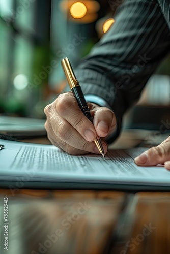 Businessman close up signing contract at work in office room. Cropped corporate male signing paper work for health insurance, loan mortgage and employee.