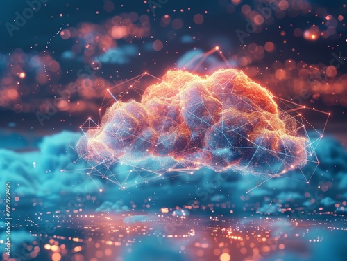 glowing orange cloud of tiny dots connected by orange lines on a background of dark blue sky and clouds with bright orange and yellow lights reflecting on a surface below