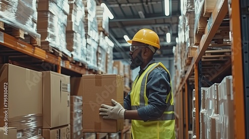 Afro male wearing safety outfit inspects cardboard box for shipment. Warehouse worker checking stocks in large warehouse.