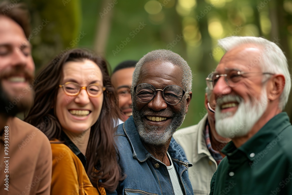 Group of diverse senior friends laughing and looking at the camera in a park Group of diverse senior friends laughing and looking at the camera in a park
