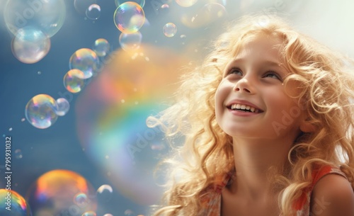 A young girl with curly blonde hair smiling and playing in bubbles. Generative AI.