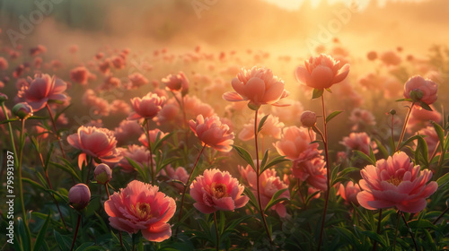 A field of pink flowers with the sun shining on them