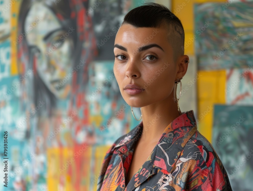 A woman with a shaved head and earrings in her ears. Generative AI. A woman with a shaved head and earrings in her ears. Generative AI.