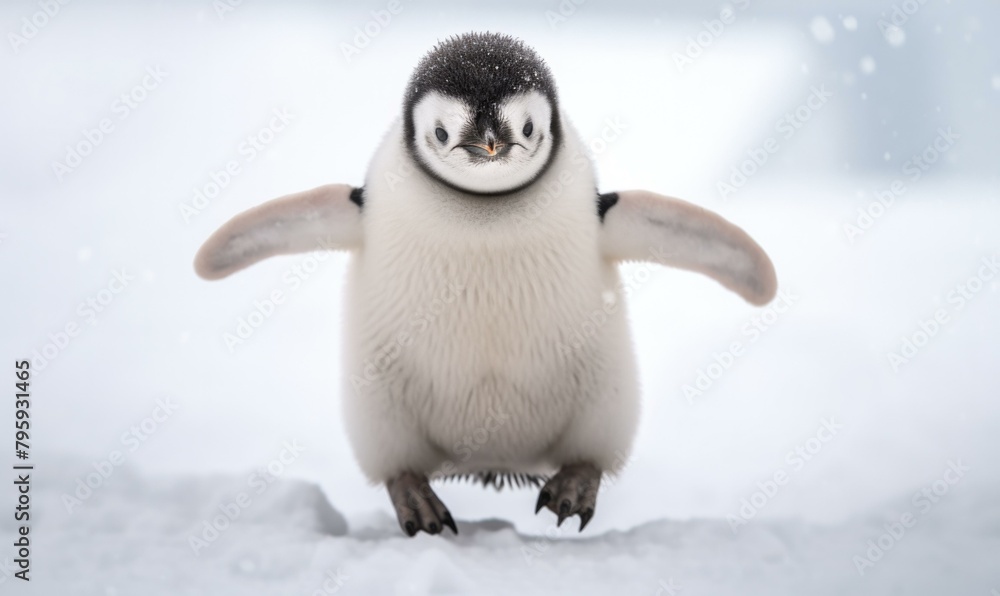 A small penguin is walking in the snow with its wings spread. Generative AI. A small penguin is walking in the snow with its wings spread. Generative AI.