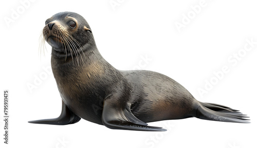 Cute Sea Lion Pup, sitting down on white background
