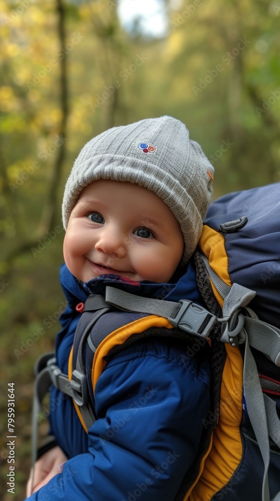 A young boy with a backpack smiling at the camera. Generative AI. A young boy with a backpack smiling at the camera. Generative AI.