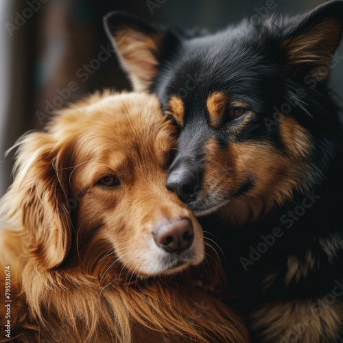 Two dogs are cuddling together in a close embrace. Generative AI. © serg3d