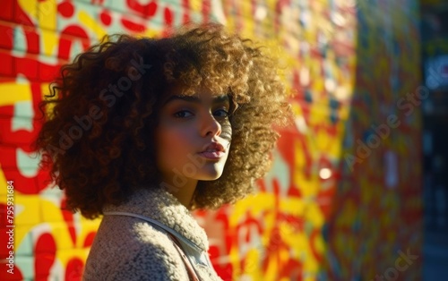 A woman with curly hair standing in front of a colorful wall. Generative AI.