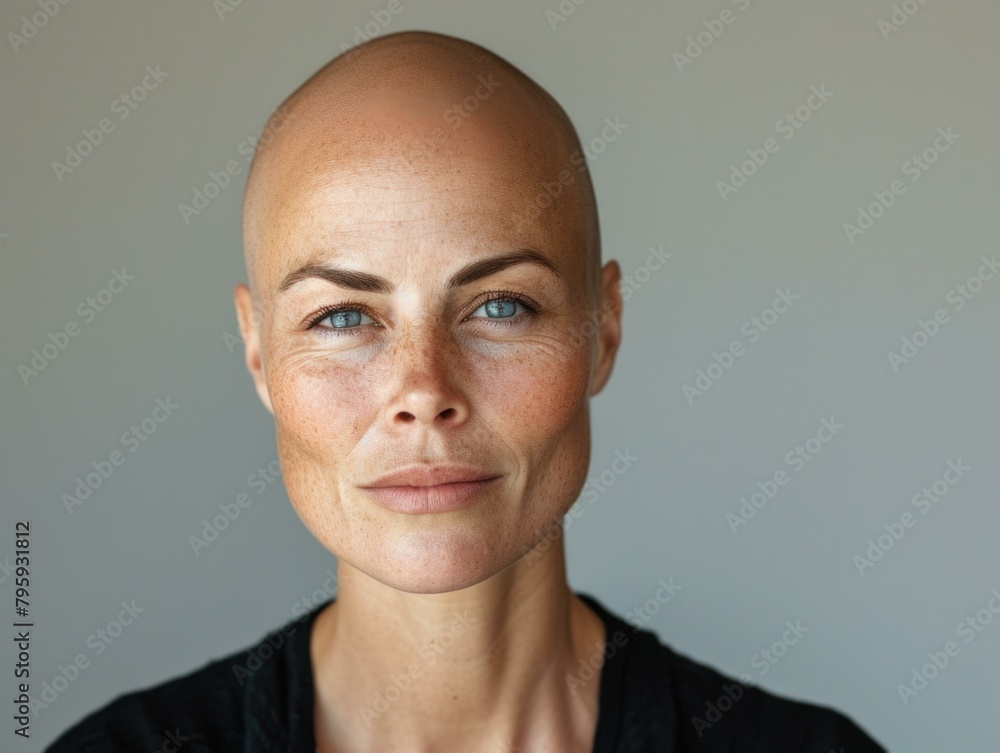 Fototapeta premium A woman with a shaved head and no eyebrows. Generative AI.