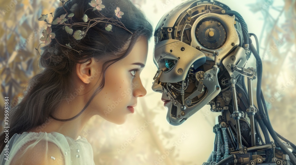 Fototapeta premium A woman and a robot stand facing each other, creating a powerful moment of connection and understanding.