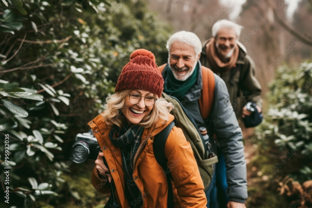 senior couple hiking in forest with camera, smiling and looking at camera senior couple hiking in forest with camera, smiling and looking at camera