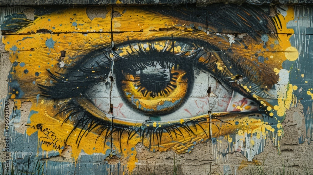 Yellow eye graffiti on a wall