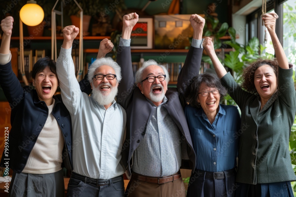 Group of happy asian senior people celebrating success with raised hands at home Group of happy asian senior people celebrating success with raised hands at home