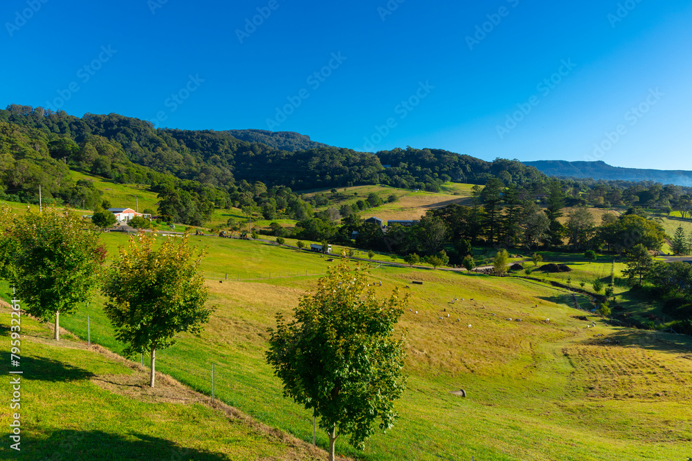 Panoramic views of farm land in rural area near Bowral in NSW Southern Highlands Australia