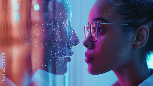 A woman with glasses looks at the AI generated face of herself. photo